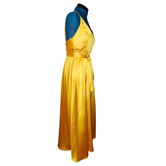 Lulus Always Audacious Marigold Yellow Satin Tie-Back Wrap Around Midi Dress XL - Picture 5 of 7
